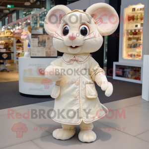 Cream Dormouse mascot costume character dressed with a Playsuit and Shoe clips