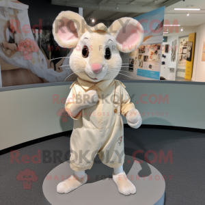 Cream Dormouse mascot costume character dressed with a Playsuit and Shoe clips