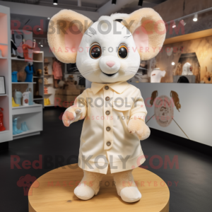 Cream Dormouse mascot costume character dressed with a Playsuit and Shoe clips