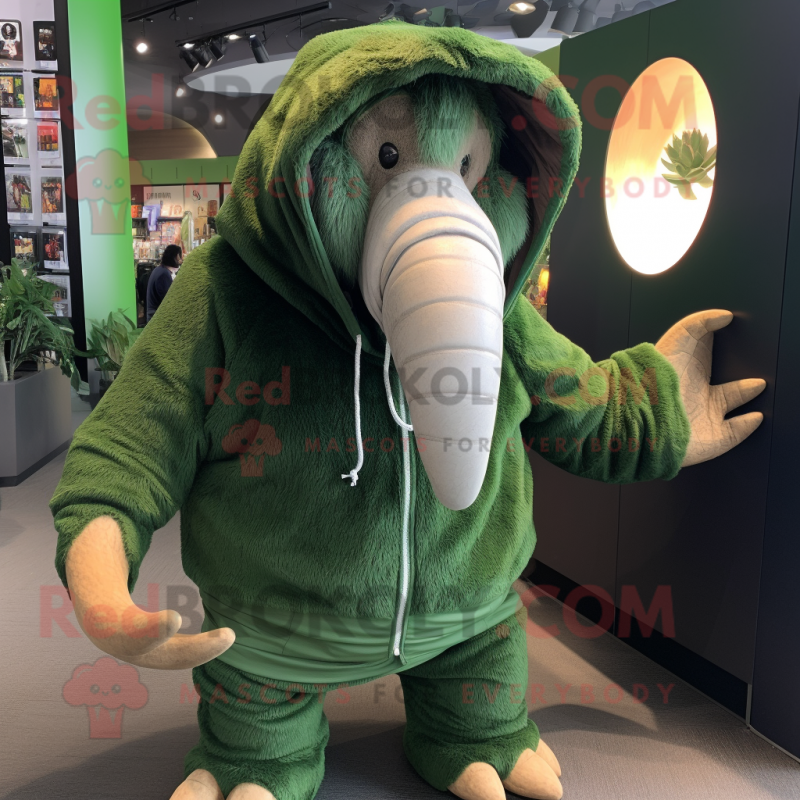 Forest Green Mammoth mascot costume character dressed with a Hoodie and Keychains