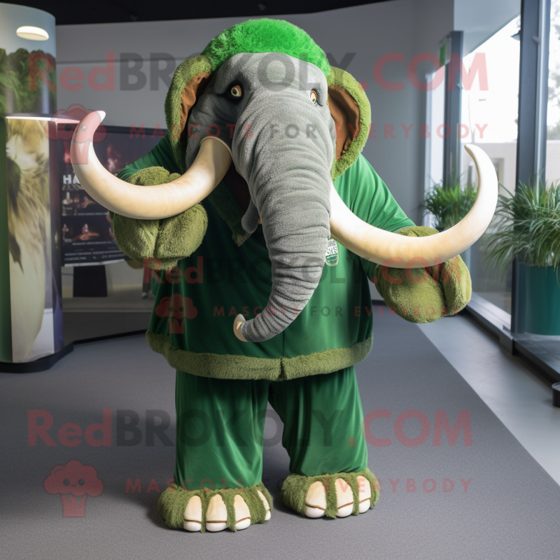 Forest Green Mammoth mascot costume character dressed with a Hoodie and Keychains