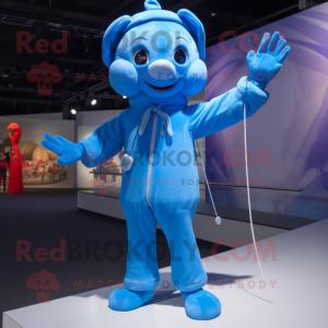Sky Blue Tightrope Walker mascot costume character dressed with a Coat and Gloves