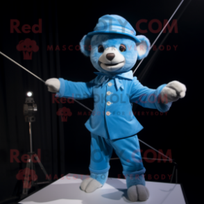Sky Blue Tightrope Walker mascot costume character dressed with a Coat and Gloves