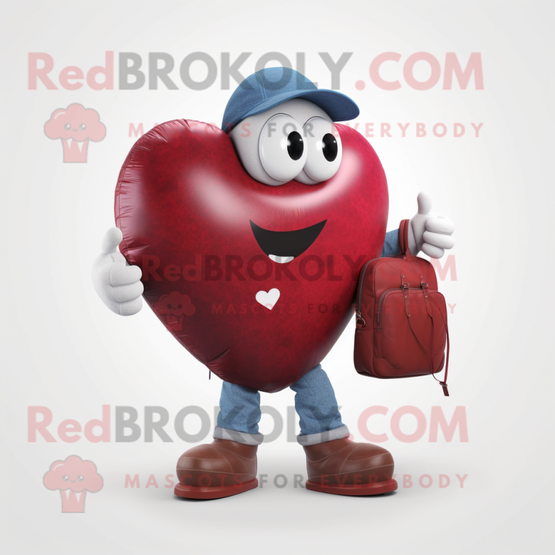 Maroon Heart Shaped Balloons mascot costume character dressed with a Jeans and Briefcases