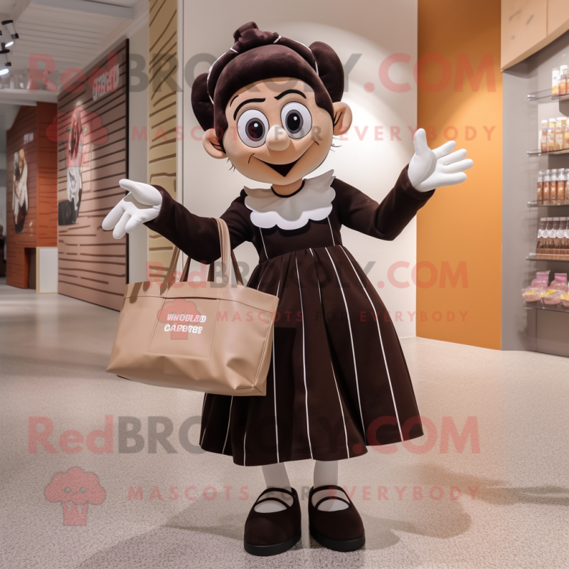 Brown Mime mascot costume character dressed with a Dress and Tote bags