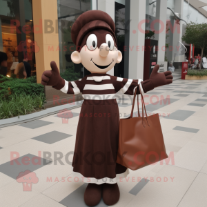 Brown Mime mascot costume character dressed with a Dress and Tote bags