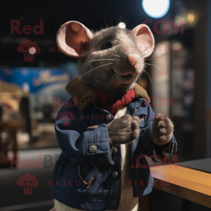 Navy Rat mascot costume character dressed with a Leather Jacket and Shawls Navy Rat mascot costume character dressed with a Leather Jacket and Shawls