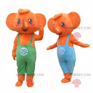 2 mascotes elefantes cor de laranja de macacão. Fantasias de