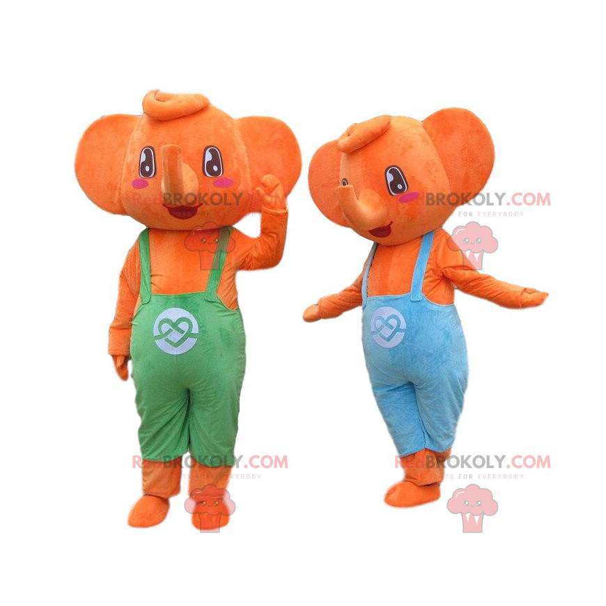 2 orangefarbene Elefantenmaskottchen in Overalls.