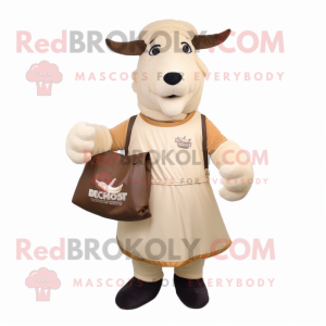 Cream Beef Wellington mascot costume character dressed with a Empire Waist Dress and Messenger bags