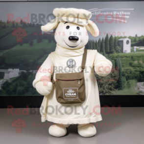 Cream Beef Wellington mascot costume character dressed with a Empire Waist Dress and Messenger bags