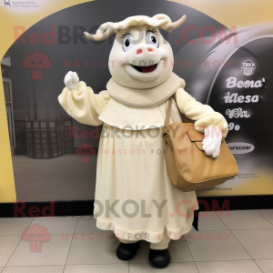 Cream Beef Wellington mascot costume character dressed with a Empire Waist Dress and Messenger bags