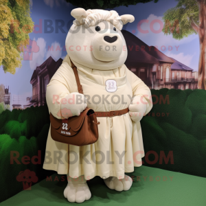 Cream Beef Wellington mascot costume character dressed with a Empire Waist Dress and Messenger bags
