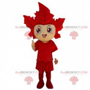 A mascote disfarça a folha vermelha gigante. Cosplay Leaf Tree