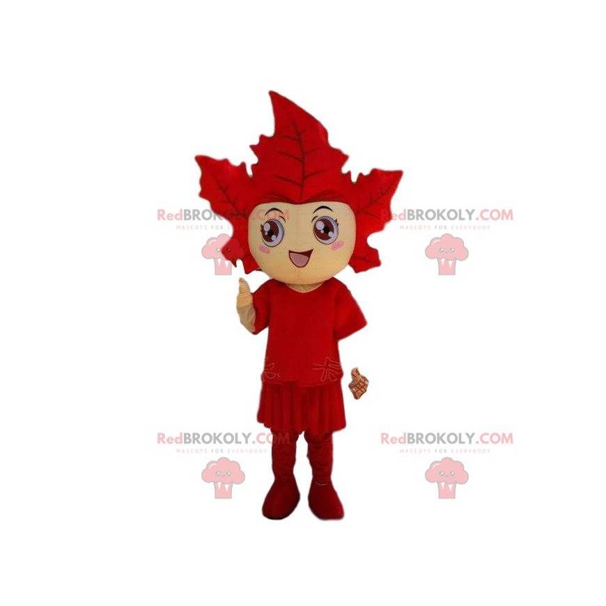 Mascot disfrazado de hoja roja gigante. Árbol de hojas de