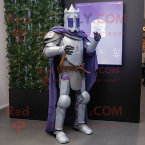 Lavender Medieval Knight mascot costume character dressed with a Jeans and Digital watches