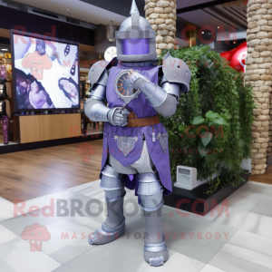 Lavender Medieval Knight mascot costume character dressed with a Jeans and Digital watches