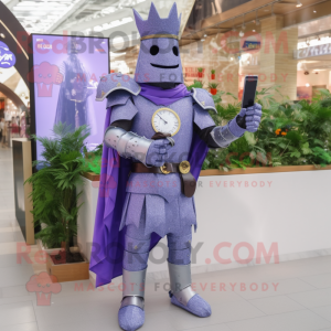 Lavender Medieval Knight mascot costume character dressed with a Jeans and Digital watches