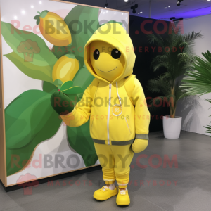 Lemon Yellow Plum mascot costume character dressed with a Hoodie and Caps