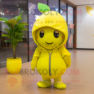 Lemon Yellow Plum mascot costume character dressed with a Hoodie and Caps