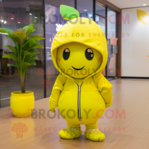 Lemon Yellow Plum mascot costume character dressed with a Hoodie and Caps