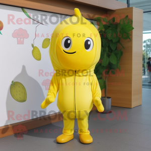 Lemon Yellow Plum mascot costume character dressed with a Hoodie and Caps