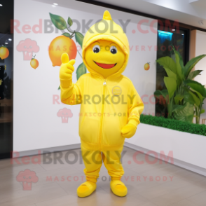 Lemon Yellow Plum mascot costume character dressed with a Hoodie and Caps
