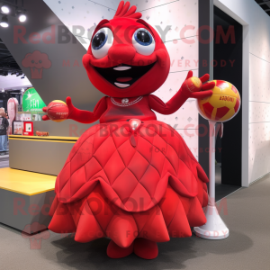 Red Piranha mascot costume character dressed with a Ball Gown and Wallets