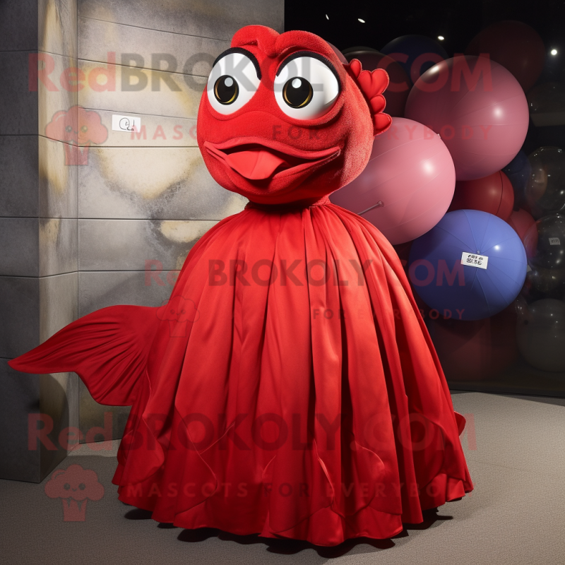 Red Piranha mascot costume character dressed with a Ball Gown and Wallets Red Piranha mascot costume character dressed with a Ball Gown and Wallets