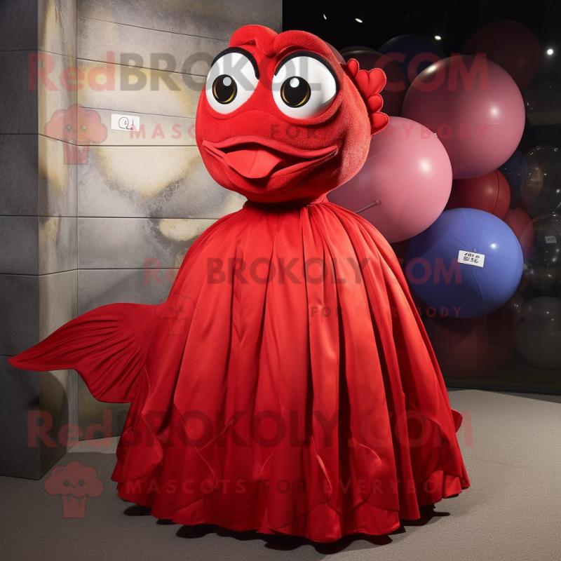 Red Piranha mascot costume character dressed with a Ball Gown and Wallets