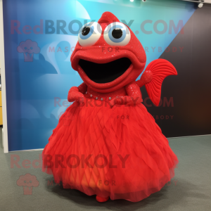 Red Piranha mascot costume character dressed with a Ball Gown and Wallets