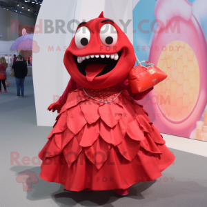 Red Piranha mascot costume character dressed with a Ball Gown and Wallets