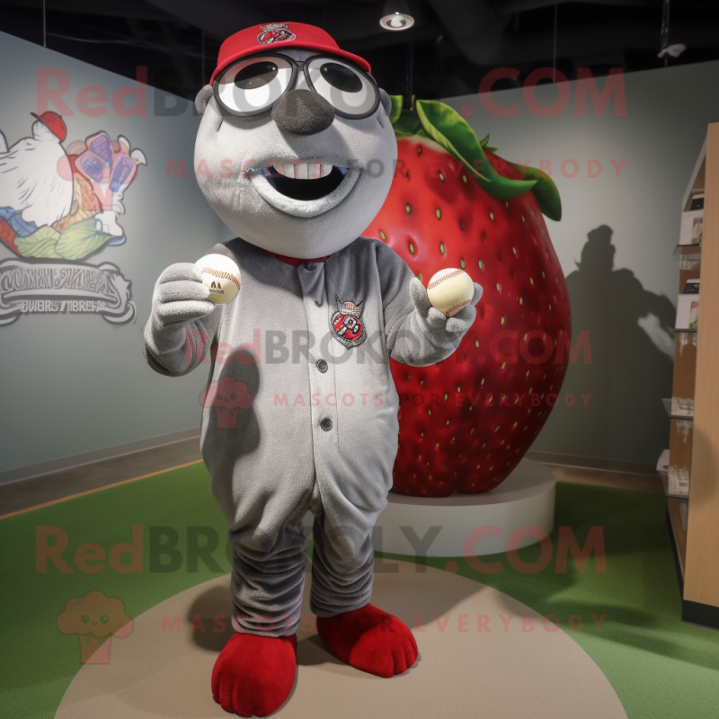 Silver Strawberry mascot costume character dressed with a Baseball Tee and Rings