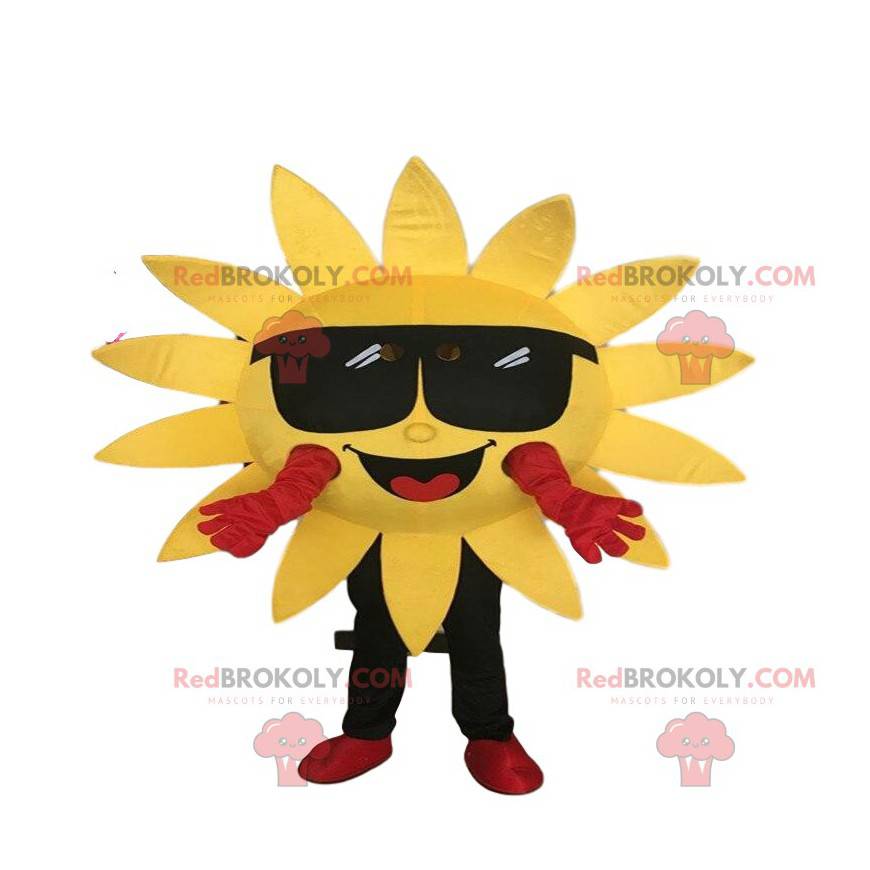 Gelbes Sonnenkostüm Maskottchen mit Brille. Riesige Sonne -