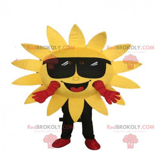 Yellow sun costume mascot with glasses. Giant sun -
