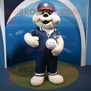 Navy Golf Ball mascot costume character dressed with a Rugby Shirt and Clutch bags