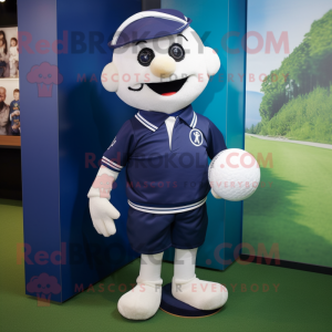 Navy Golf Ball mascot costume character dressed with a Rugby Shirt and Clutch bags