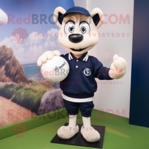 Navy Golf Ball mascot costume character dressed with a Rugby Shirt and Clutch bags