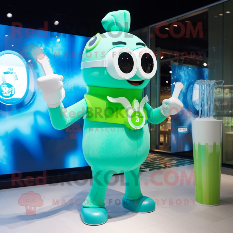Cyan Green Beer mascot costume character dressed with a Swimwear and Watches Cyan Green Beer mascot costume character dressed with a Swimwear and Watches