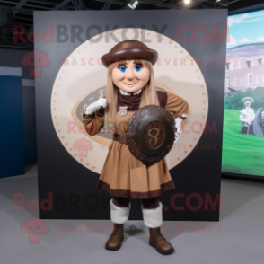 Brown Celtic Shield mascot costume character dressed with a Blouse and Berets