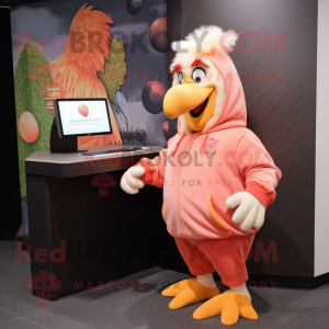 Peach Rooster mascot costume character dressed with a Hoodie and Coin purses