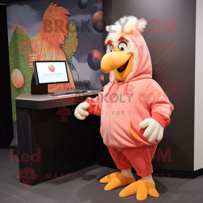 Peach Rooster mascot costume character dressed with a Hoodie and Coin purses Peach Rooster mascot costume character dressed with a Hoodie and Coin purses