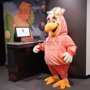 Peach Rooster mascot costume character dressed with a Hoodie and Coin purses