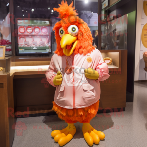Peach Rooster mascot costume character dressed with a Hoodie and Coin purses