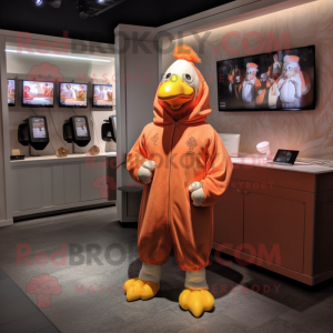 Peach Rooster mascot costume character dressed with a Hoodie and Coin purses