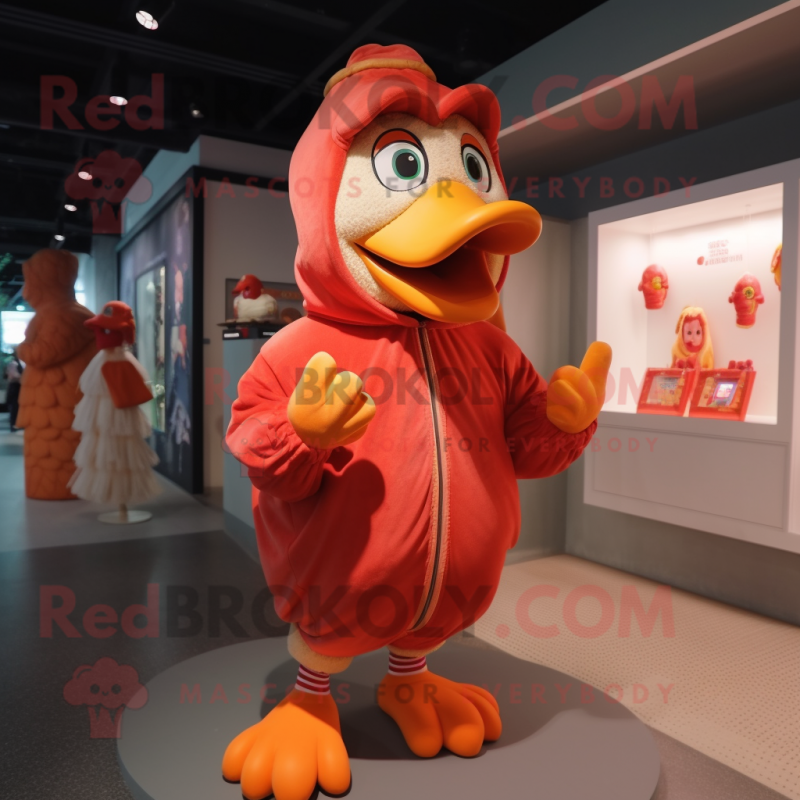 Peach Rooster mascot costume character dressed with a Hoodie and Coin purses