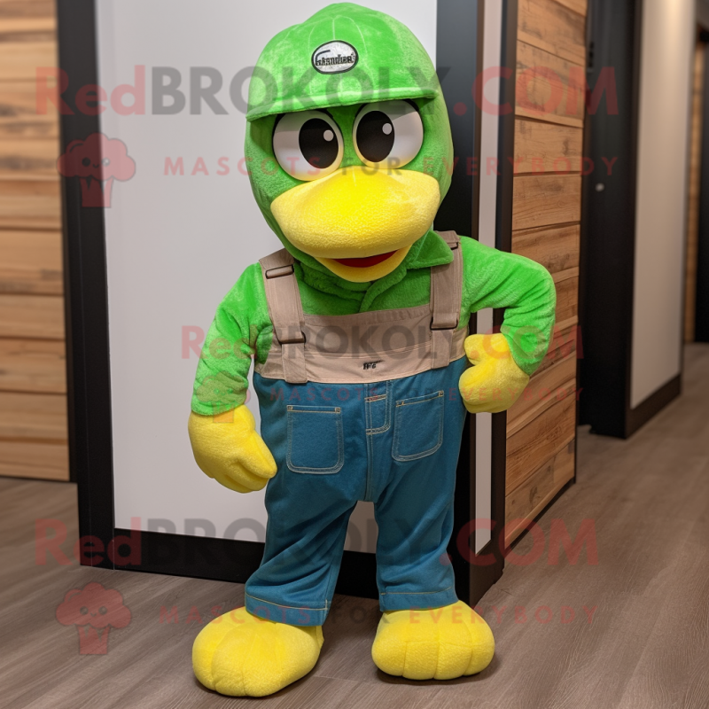 Lime Green Peacock mascot costume character dressed with a Overalls and Caps