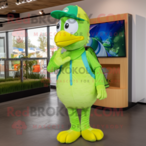 Lime Green Peacock mascot costume character dressed with a Overalls and Caps