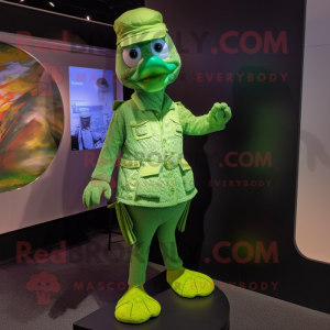 Lime Green Peacock mascot costume character dressed with a Overalls and Caps