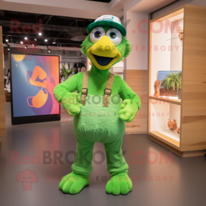 Lime Green Peacock mascot costume character dressed with a Overalls and Caps